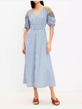 Loft Striped Blue and White Midi Dress with Puff Sleeves